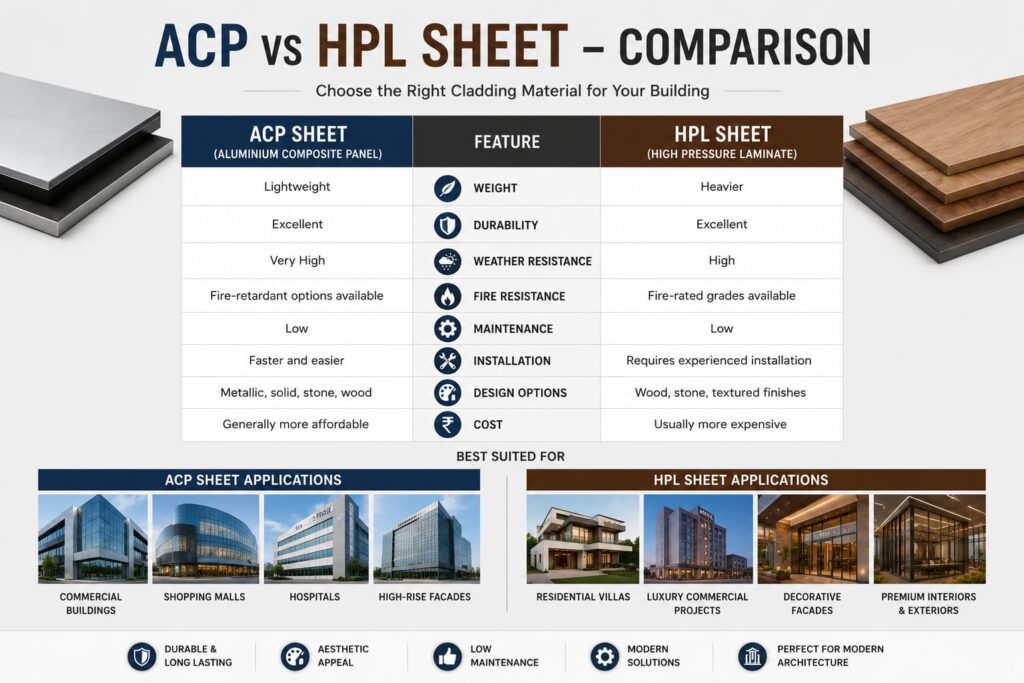Comparison of ACP Sheet and HPL Sheet based on durability, design, maintenance, and cost.