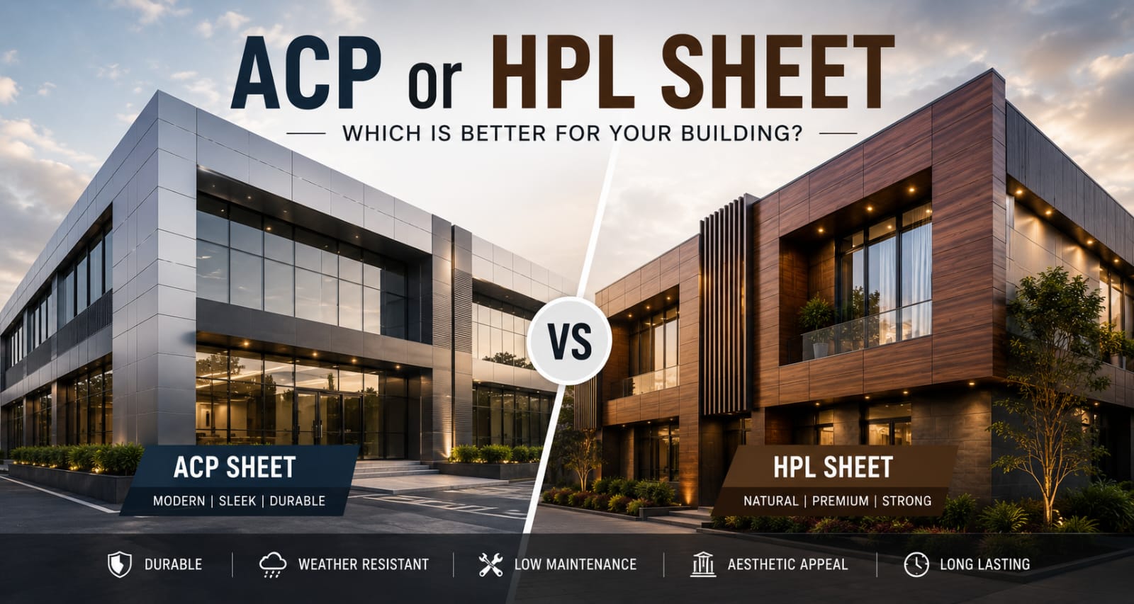 ACP vs HPL Sheet for Building Facades comparison for modern commercial and residential facade cladding.