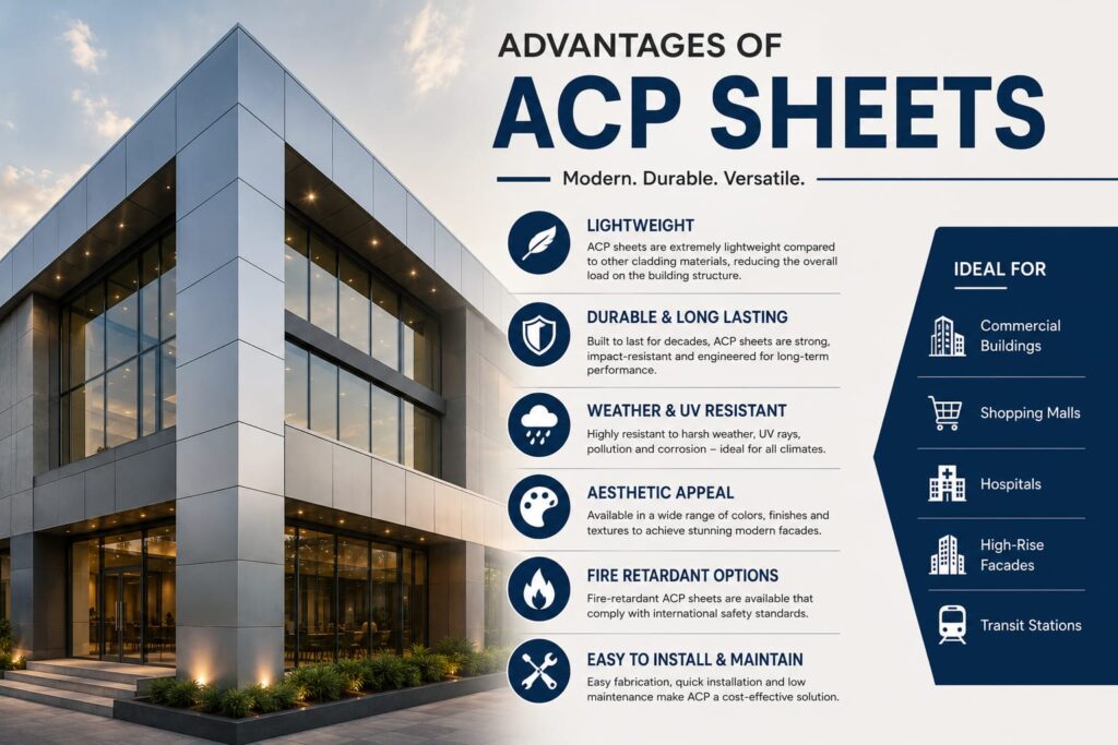 Advantages of ACP Sheets
Alt Text: Advantages of ACP Sheet including lightweight design, weather resistance, and modern facade applications.
