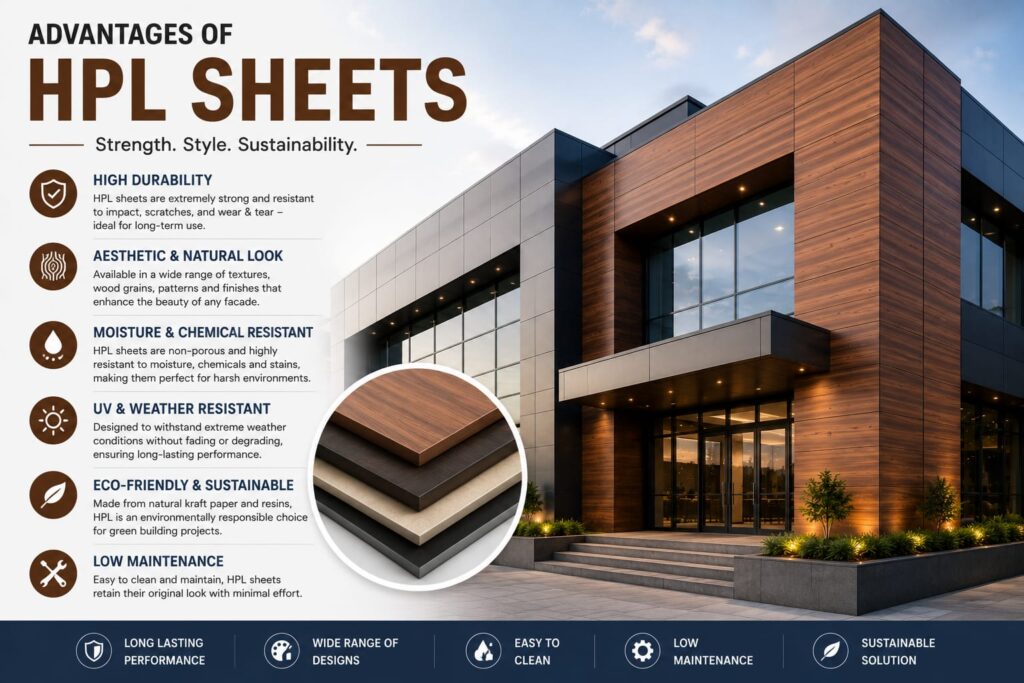 Advantages of HPL Sheet including premium wood finish, scratch resistance, and long-lasting performance.