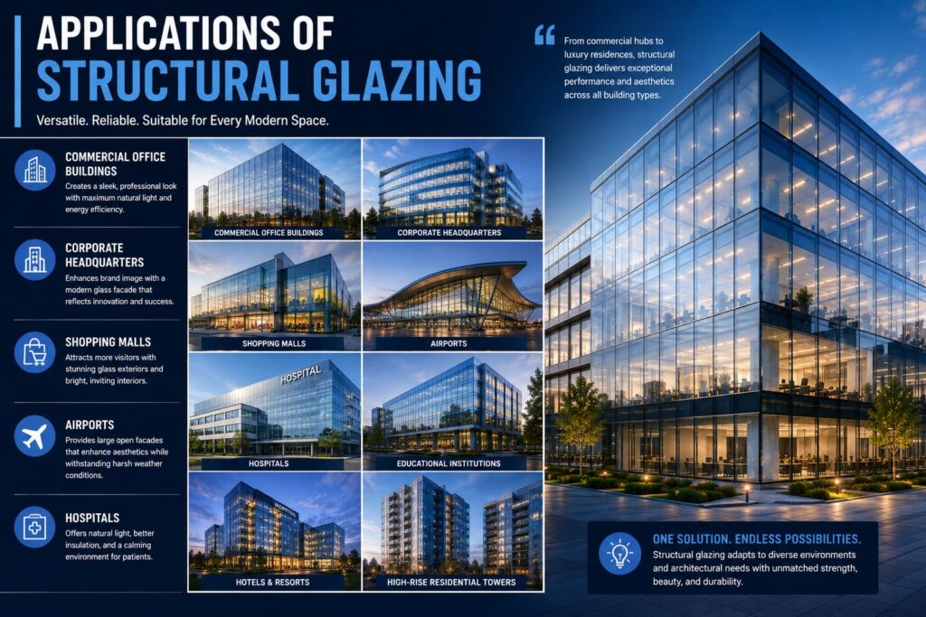 Structural glazing applications in commercial offices, shopping malls, airports, hospitals, hotels, and residential towers.
