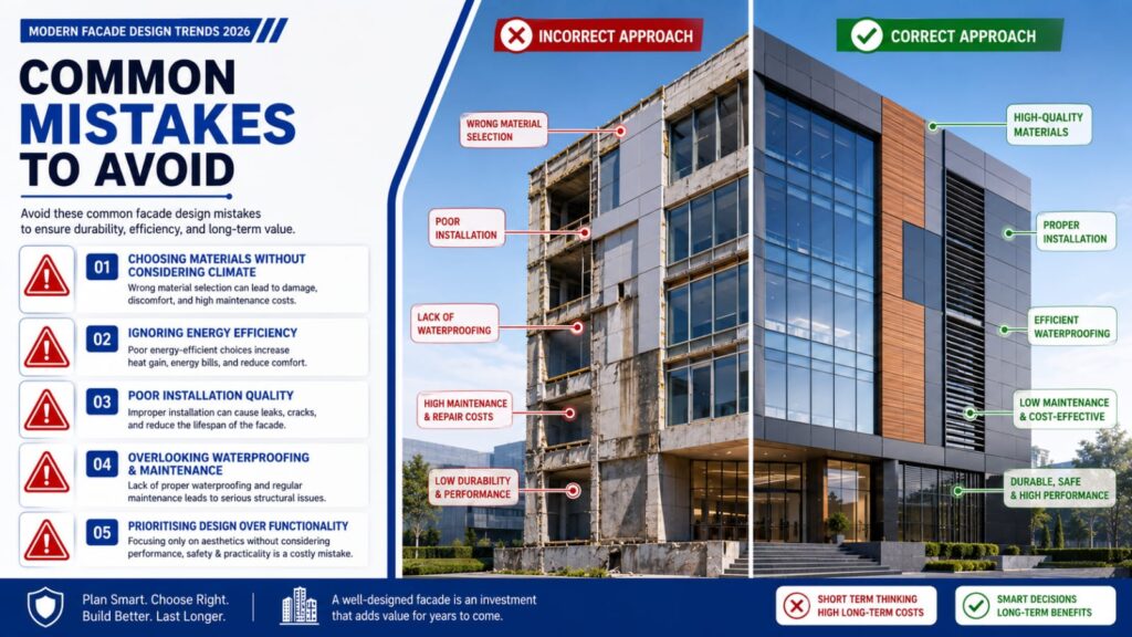 Comparison of incorrect and correct facade design practices highlighting climate suitability, energy efficiency, installation quality, waterproofing, and functionality.