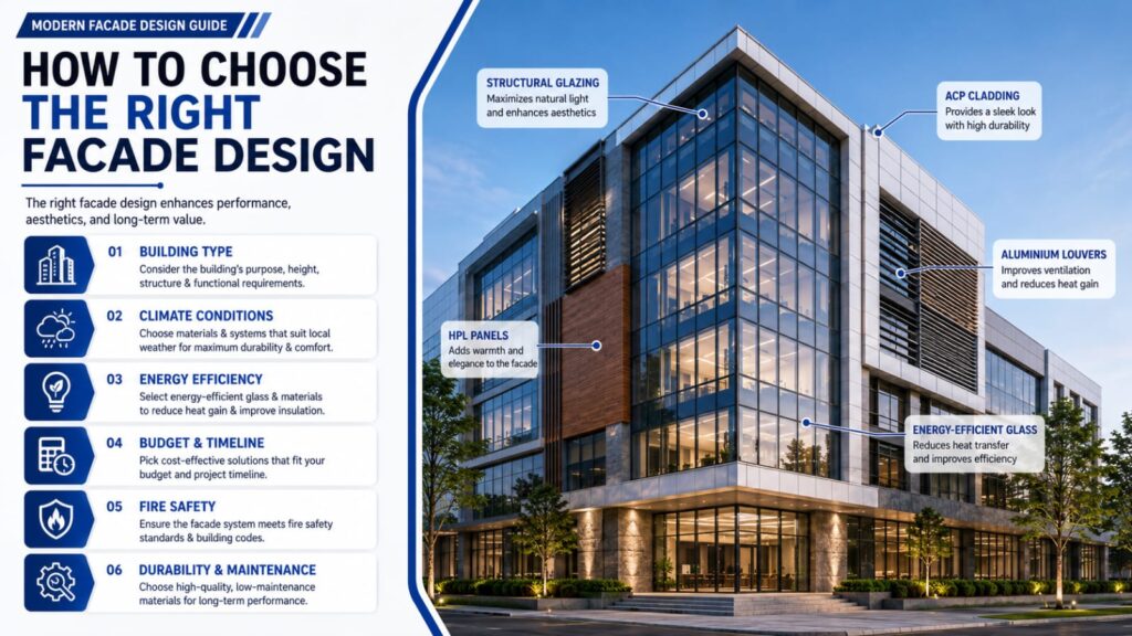 Guide to choosing the right facade design based on building type, climate, energy efficiency, budget, fire safety, durability, and maintenance.