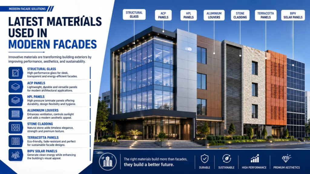 Modern facade materials including structural glass, ACP panels, HPL panels, aluminium louvers, terracotta, stone cladding, BIPV solar panels, and high-performance glass.