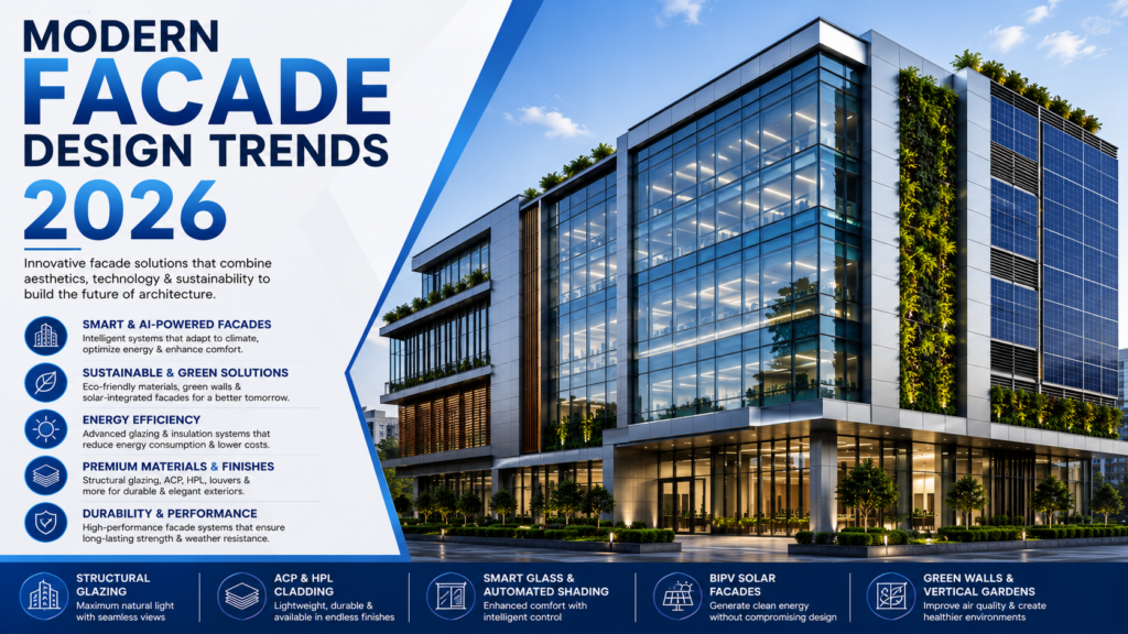 Modern Facade Design Trends 2026 featuring a premium commercial building with structural glazing, ACP cladding, HPL panels, and sustainable facade solutions.