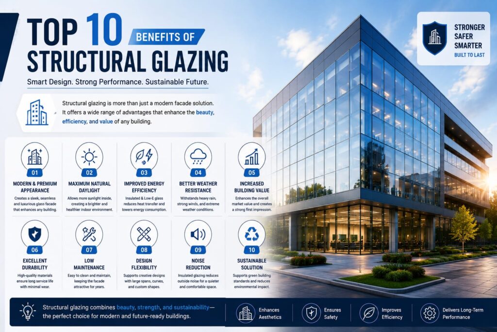  Infographic highlighting the top benefits of structural glazing, including energy efficiency, durability, aesthetics, and natural daylight.