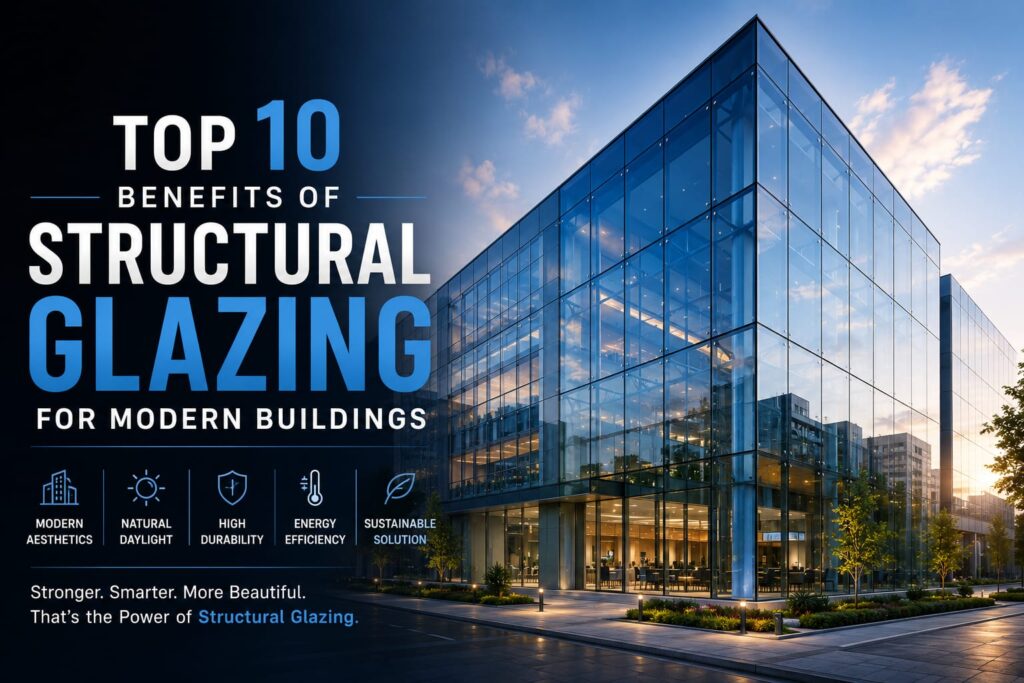  Modern commercial building showcasing the top 10 benefits of structural glazing with a premium glass facade.