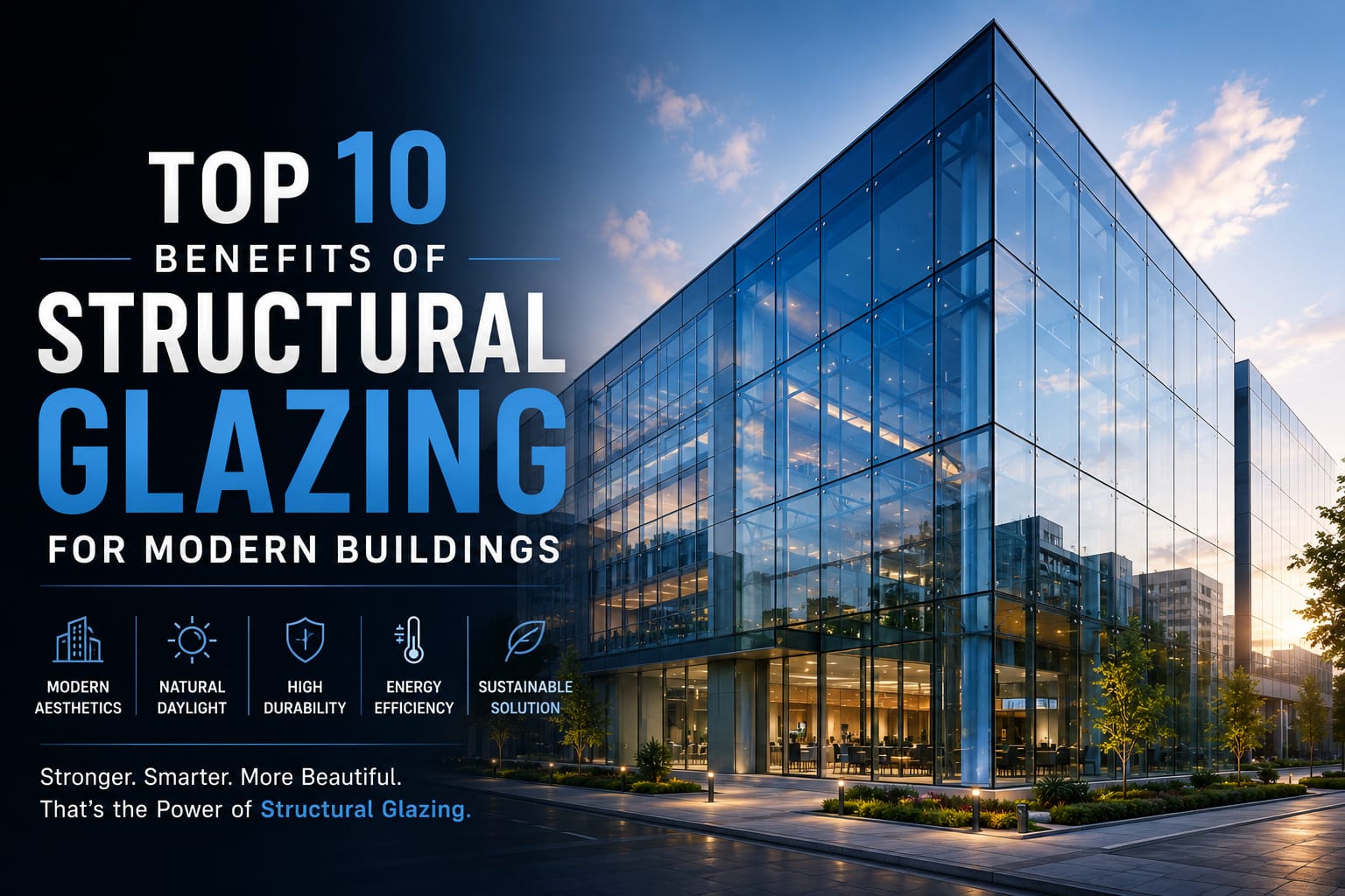 Modern commercial building showcasing the top 10 benefits of structural glazing with a premium glass facade.
