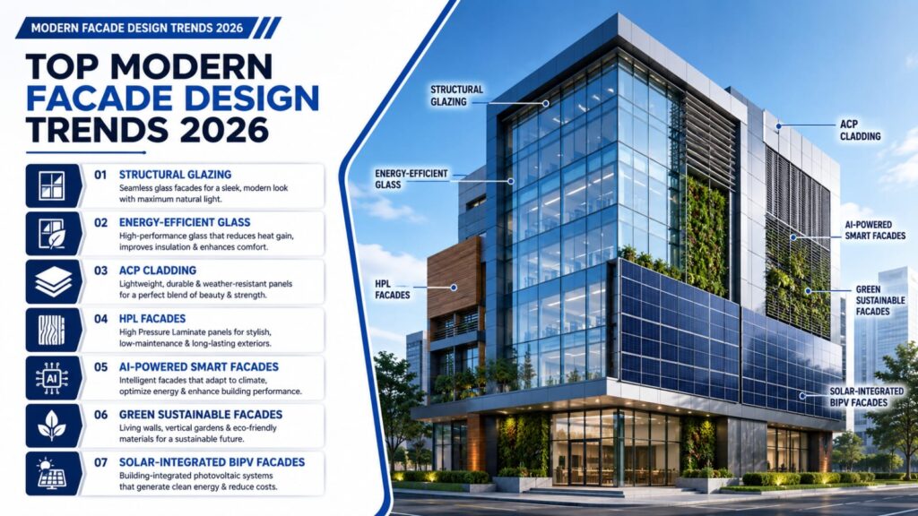 Top Modern Facade Design Trends 2026 showcasing structural glazing, energy-efficient glass, ACP cladding, HPL facades, AI-powered facades, green facades, and BIPV solar technology.