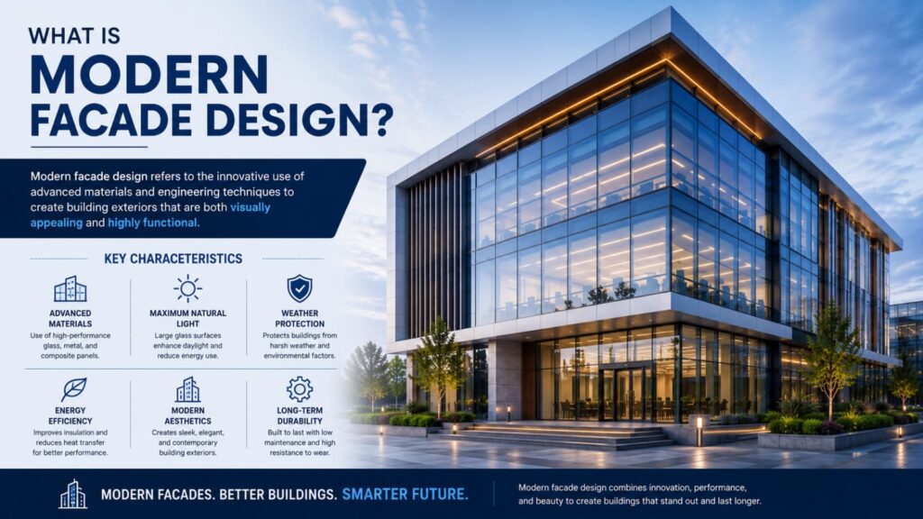 Modern facade design illustration showing structural glazing, ACP, HPL, aluminium louvers, and energy-efficient glass in a contemporary commercial building.