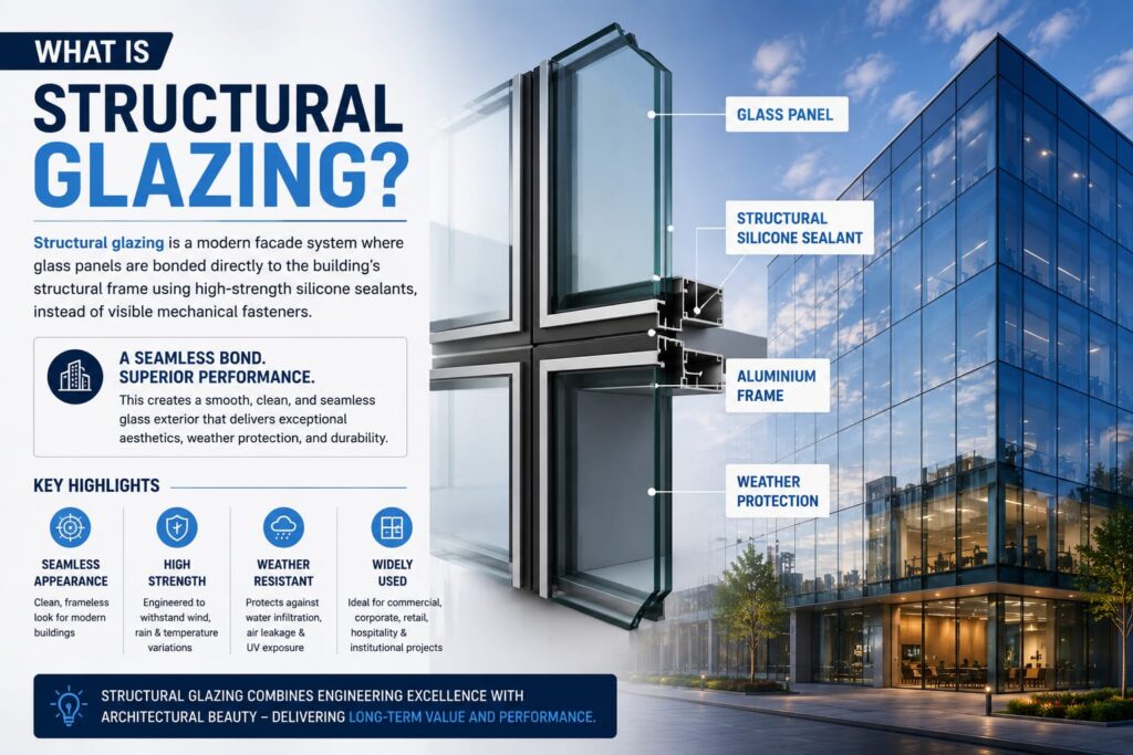 Structural glazing system with seamless glass panels bonded to a modern commercial building facade.