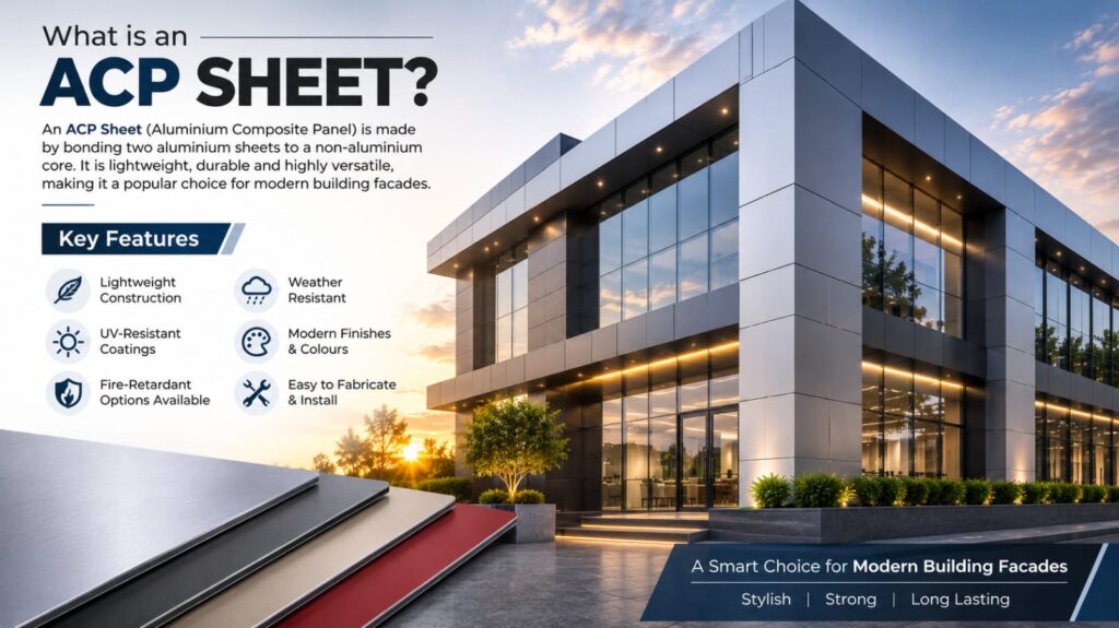 Modern building facade with Aluminium Composite Panel (ACP) cladding used for commercial architecture.