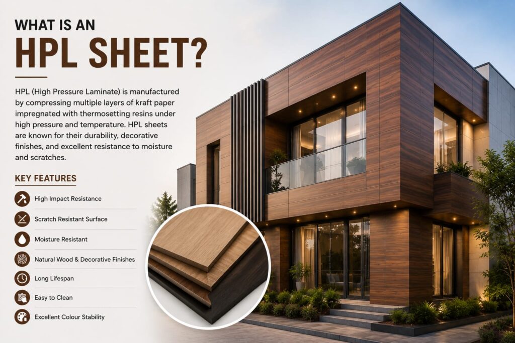 High Pressure Laminate (HPL) sheet used for premium exterior building facade cladding.