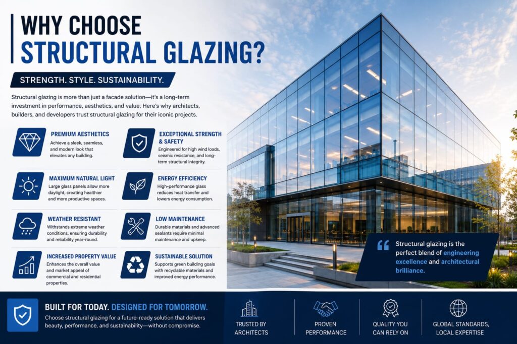  Premium structural glazing solution highlighting modern aesthetics, energy efficiency, durability, and sustainable building performance.