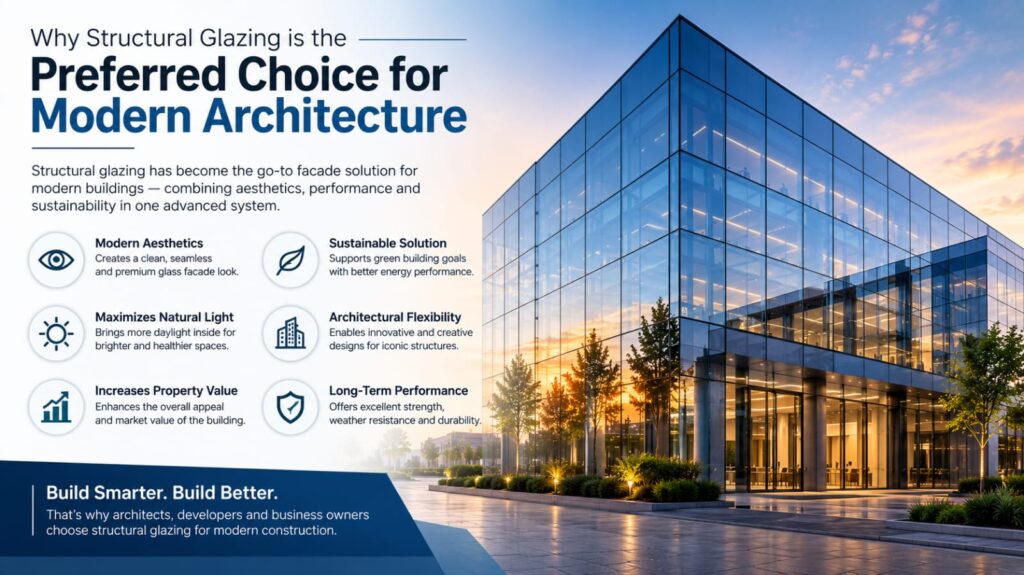  Contemporary glass facade demonstrating why structural glazing is the preferred choice for modern architectural design.